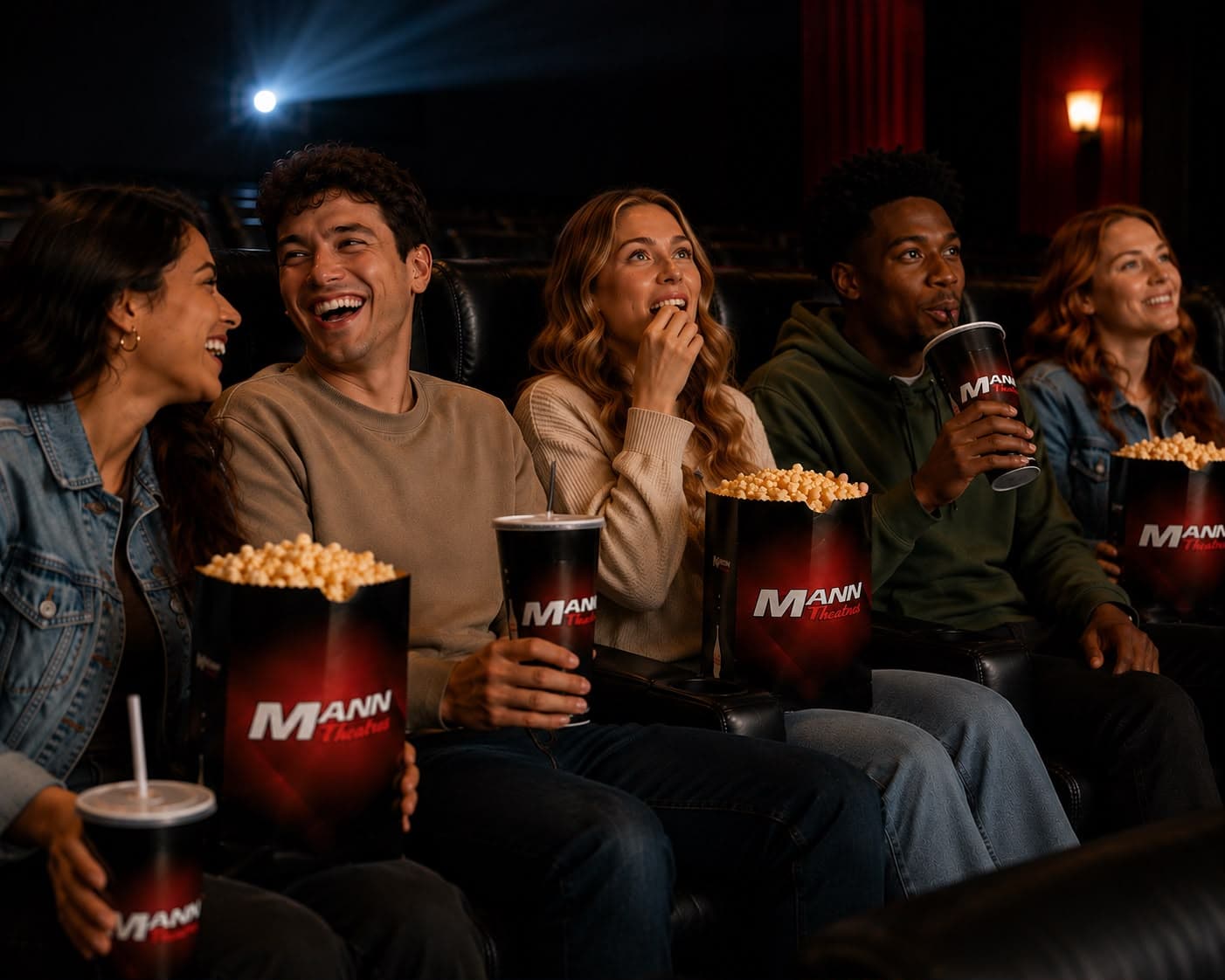 Friends enjoying a movie with Mann Theatres popcorn and drinks